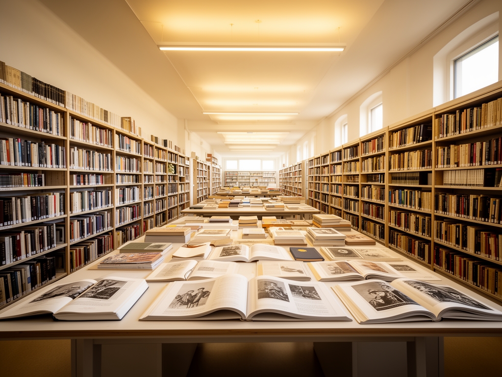 A long, light-filled editorial workspace with rows of reference books, open periodicals on a large table, and warm overhead lighting, representing a place of systematic research and knowledge organisation