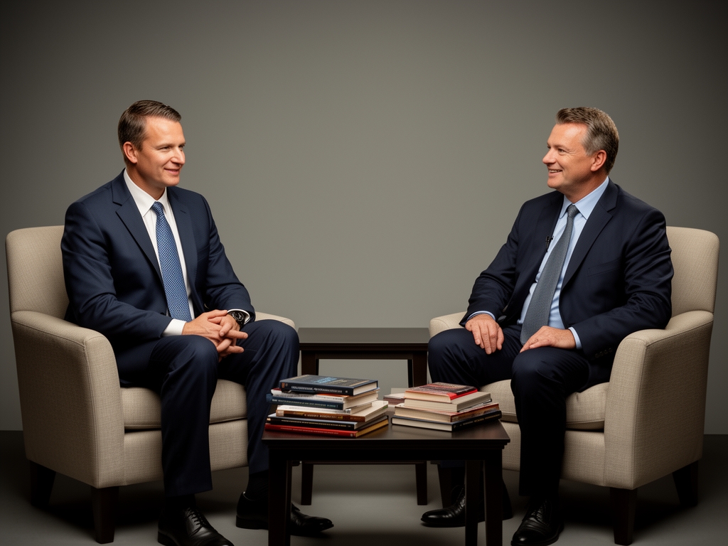 A calm reading area with two armchairs facing each other across a low table with books, suggesting thoughtful conversation and reflective inquiry in a quiet setting