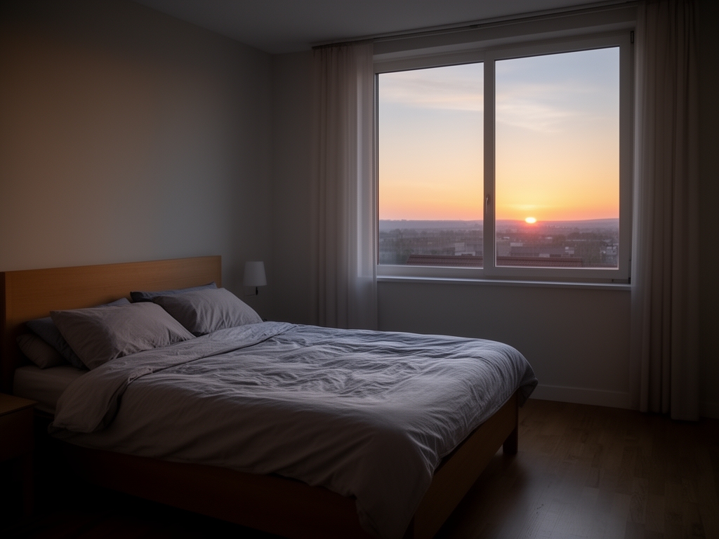 A quiet bedroom at dawn with natural light gradually illuminating a simple room, representing the natural daily cycle of light and rest that governs circadian patterns