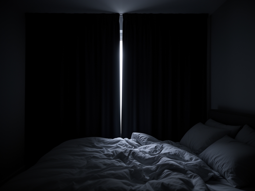 A darkened, peaceful bedroom with blackout curtains barely letting in a thin line of moonlight, conveying the importance of sleep environment and darkness for deep rest